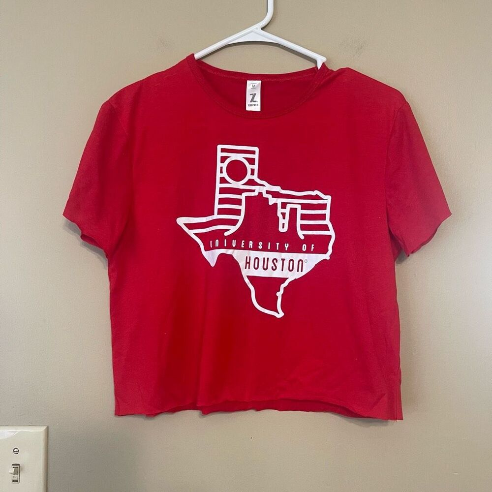 University of Houston Texas Red White Cropped Raw Hem Cut Off T-Shirt Medium